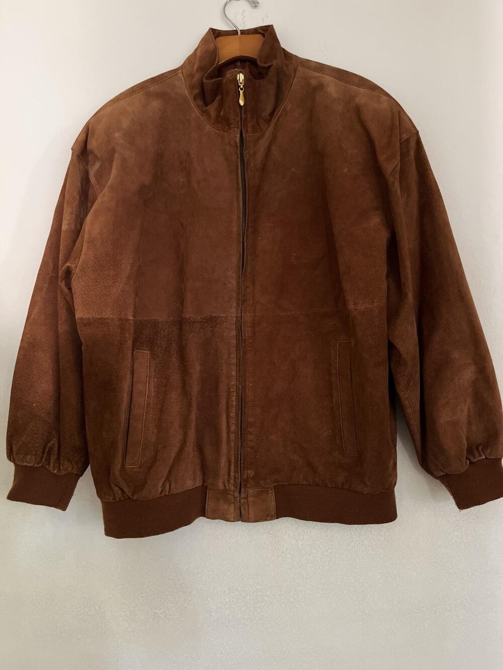 Pelle Jacket Mens M Brown Suede Leather Bomber Ribbed Full Zip Lined Korea Flaw